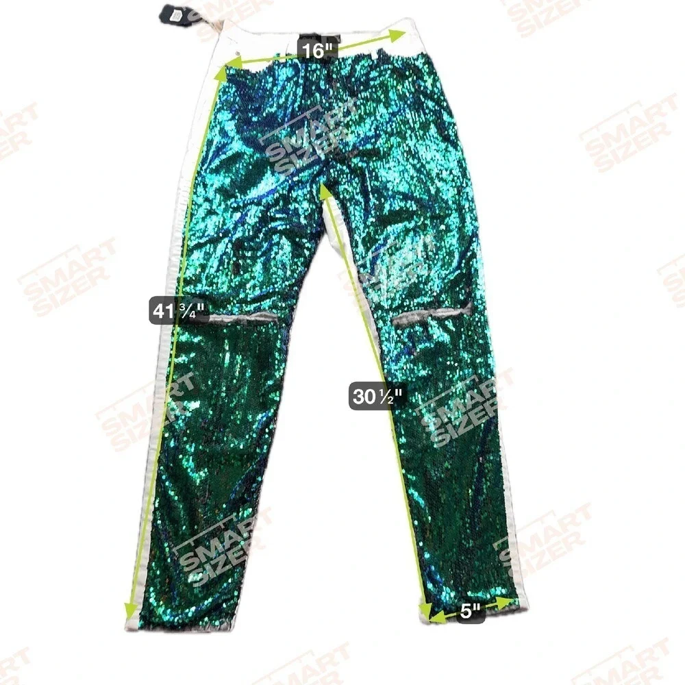 NEW QUUM Shop Women's 2XL White Stretch Sequin Jeans Destressed Blue Green - Picture 2 of 7
